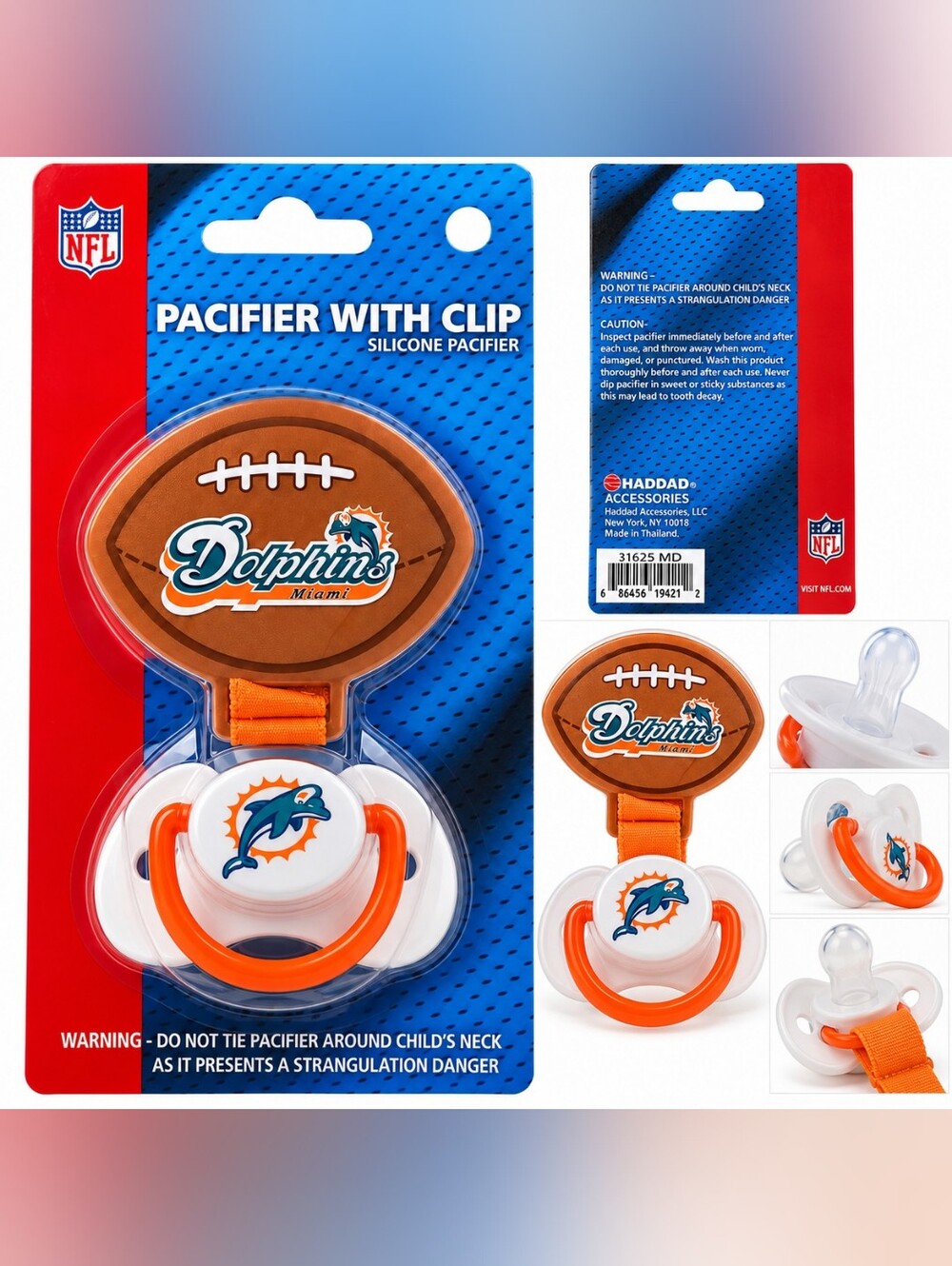 🍎 Nwt Miami Dolphins NFL Silicone Pacifier w/ Clip Infant Baby Offic. Licensed